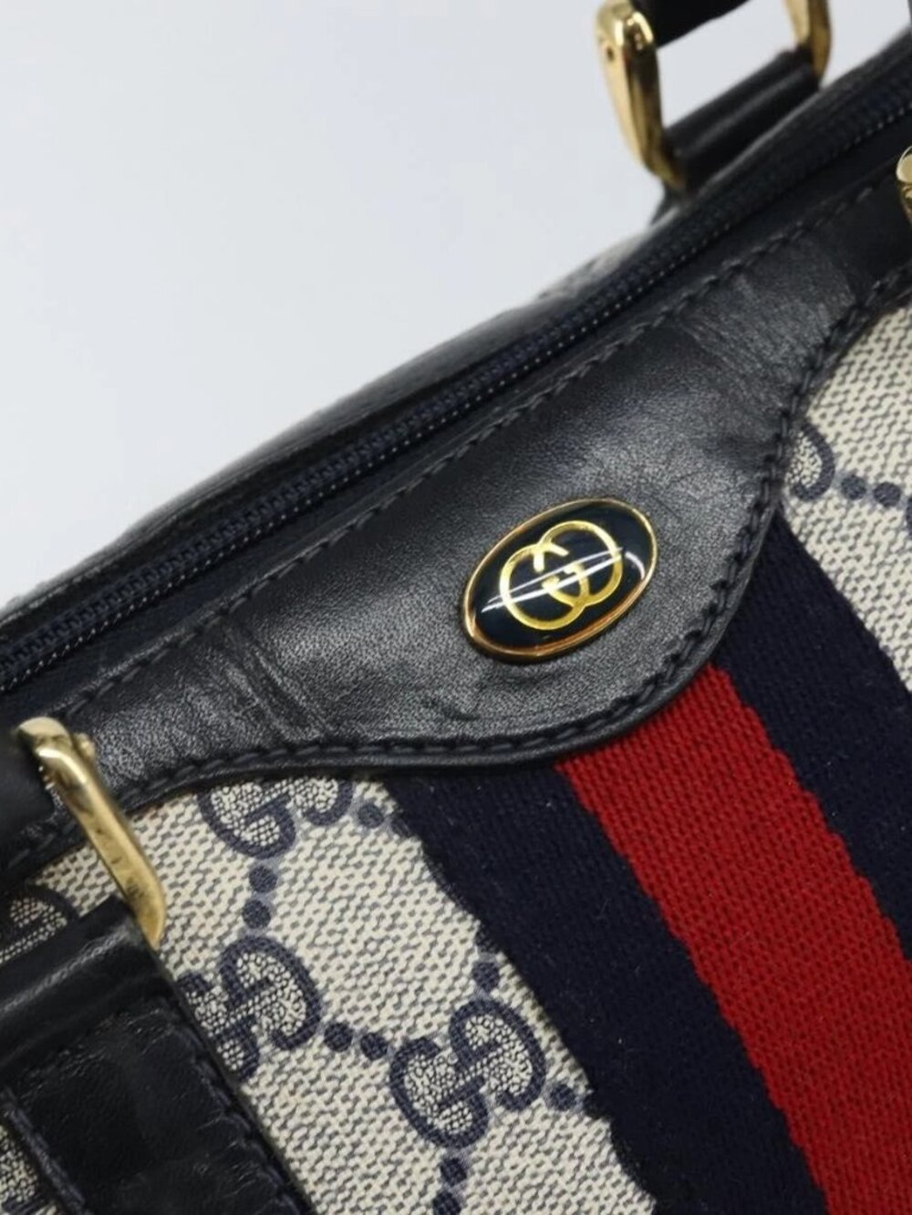 GUCCI GG Supreme Sherry Line Bag PVC Navy Gold Red 012 3841 58 Auth 169093 - Picture 10 of 16